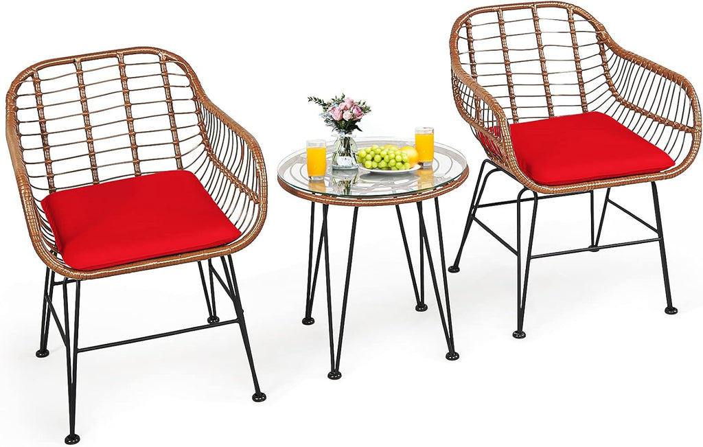 Tangkula 3 Pieces Patio Conversation Bistro Set, Outdoor Wicker Furniture w/Round Tempered Glass Top Table & 2 Rattan Armchairs, Bistro Chat Set w/Seat Cushions for Porch, Backyard, Garden