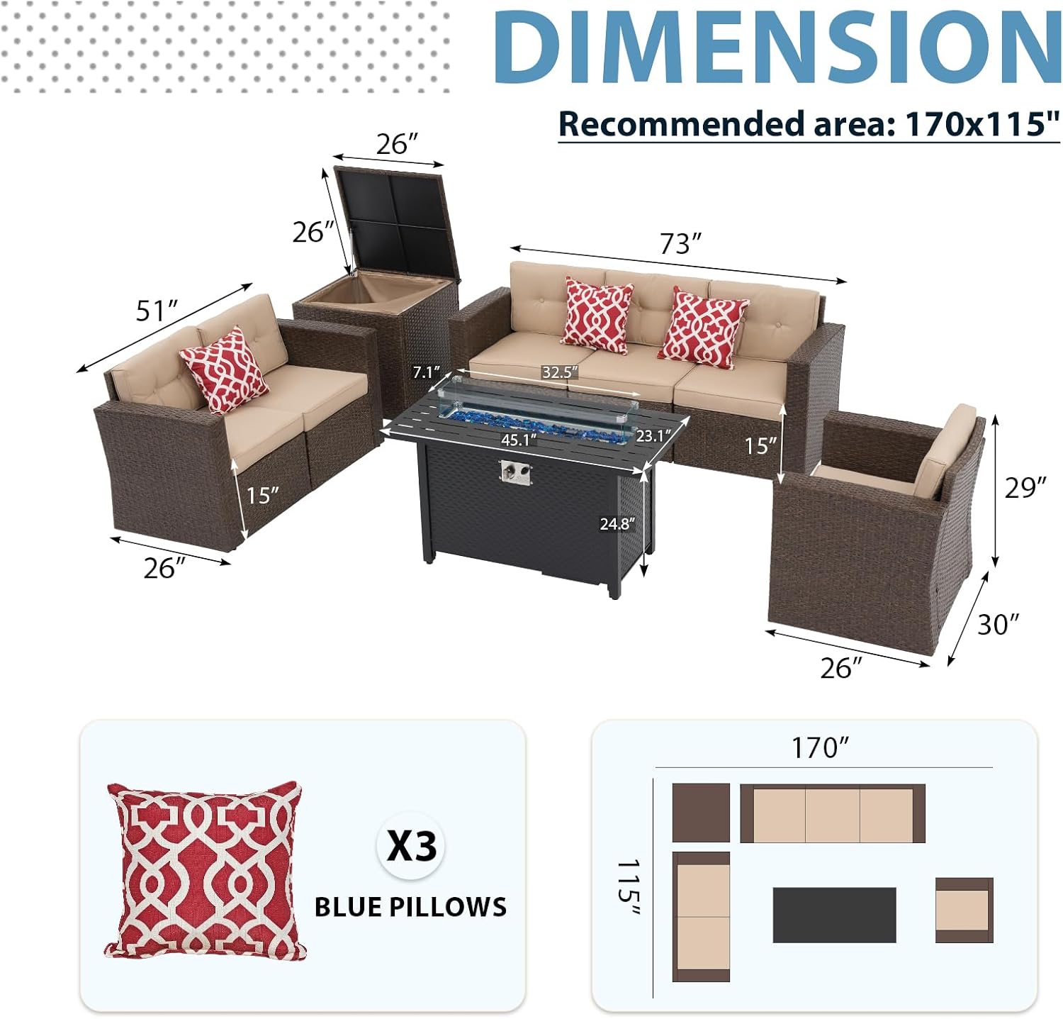 JOIVI 8 Pieces Rattan Patio Furniture Set with 45' Fire Pit Table, Outdoor Conversation Set with 50000 BTU Gas Fire Pit, Wicker Sectional Sofa with Storage Box and Cushions, Beige (Without Table)
