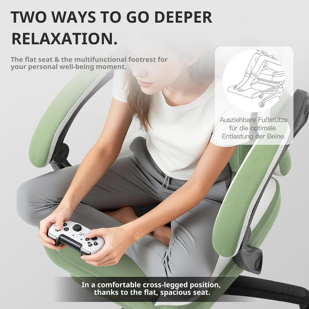 Dowinx Gaming Chair Breathable Fabric Game Chair with Gel Pad and Storage Bag, Comfortable Gamer Chair with Pocket Spring Cushion,Ergonomic Computer Chair with Footrest,Green