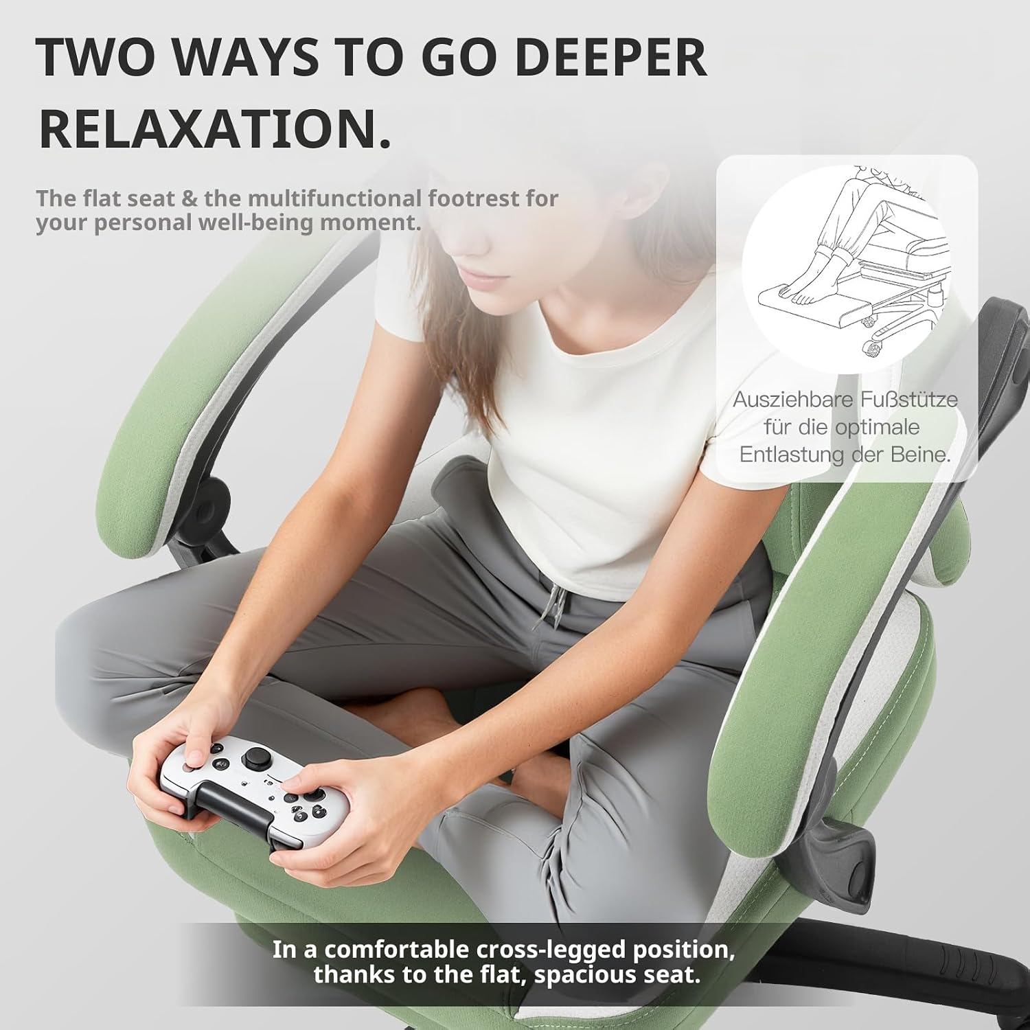 Dowinx Gaming Chair Breathable Fabric Game Chair with Gel Pad and Storage Bag, Comfortable Gamer Chair with Pocket Spring Cushion,Ergonomic Computer Chair with Footrest,Green
