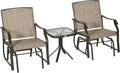 Outsunny 3 Piece Outdoor Glider Chair with Coffee Table Bistro Set, 2 Patio Rocking Swing Chairs with Breathable Sling Fabric, Glass Tabletop, for Backyard, Garden and Porch, Mixed Brown
