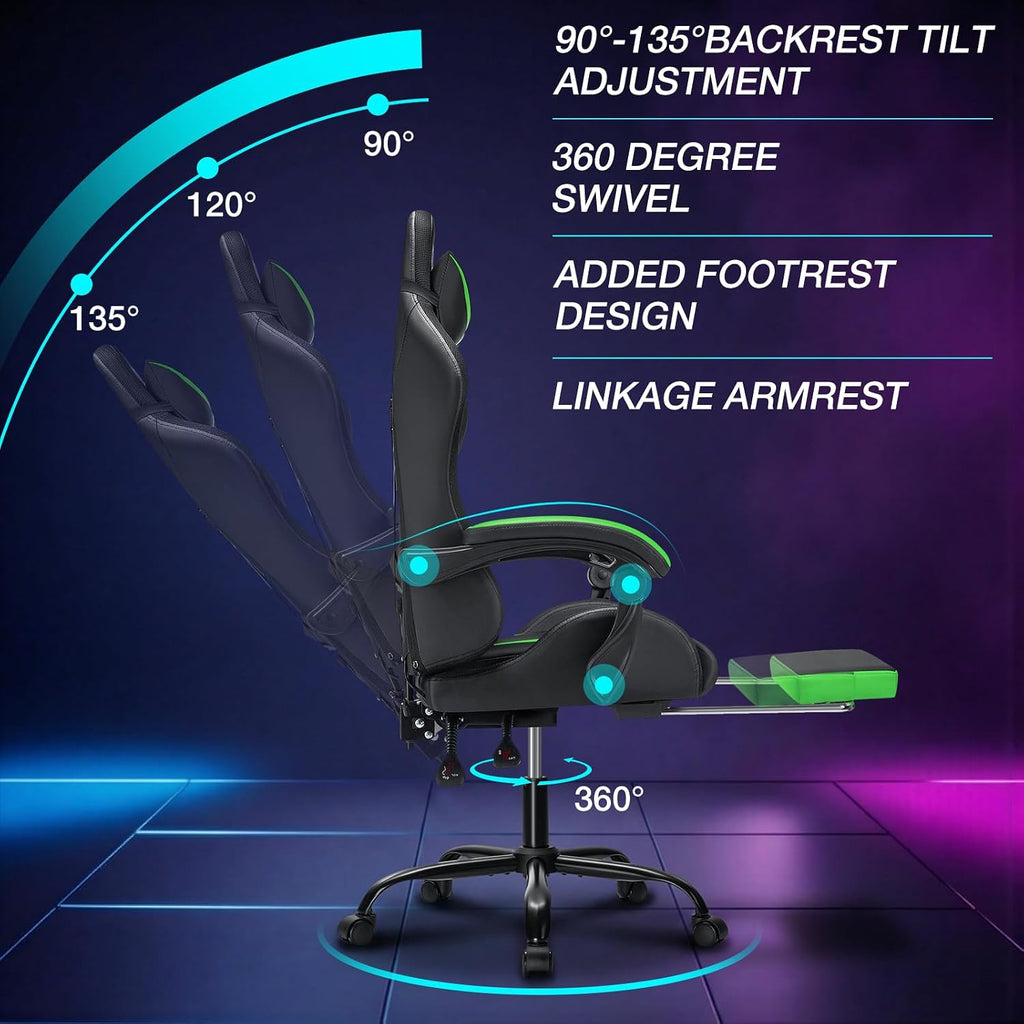 HOFFREE Gaming Chair with LED RGB Lights with Massage and Footrest Ergonomic Computer Chair High Back Video Game Chair with Adjustable Lumbar Support Linkage Armrest Green and Black