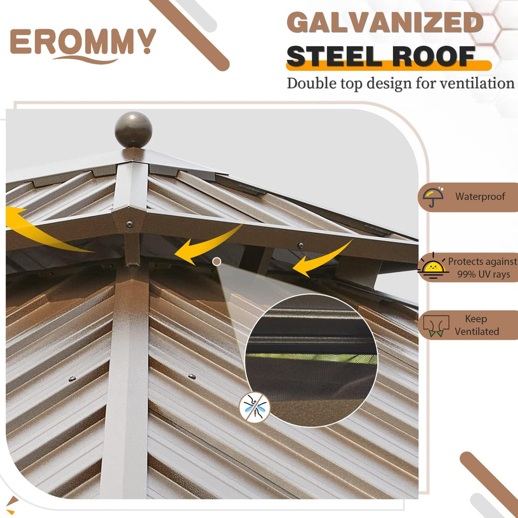 EROMMY 10 x 13FT Hardtop Gazebo with Galvanized Steel Double Roof Canopy,Aluminum Frame Netting and Curtains Included Outdoor Permanent Metal Pavilion for Parties Deck and Lawns