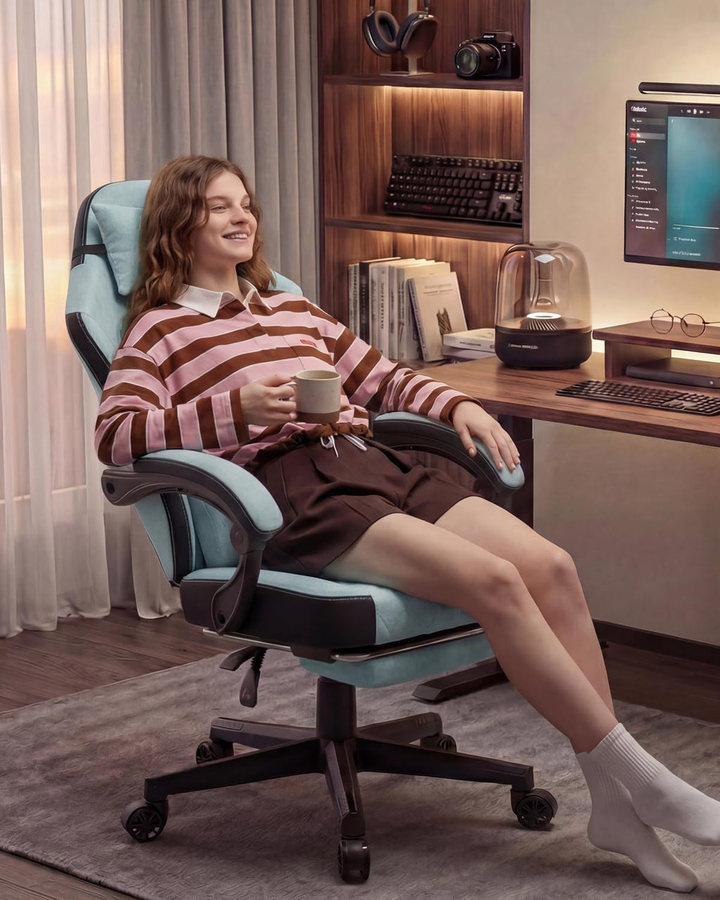 Dowinx Gaming Chair, Fabric Gaming Chairs for Adults with Pocket Spring Cushions and Lumbar Support, Ergonomic Massage Computer Chair with Footrest for Big and Tall, Aqua