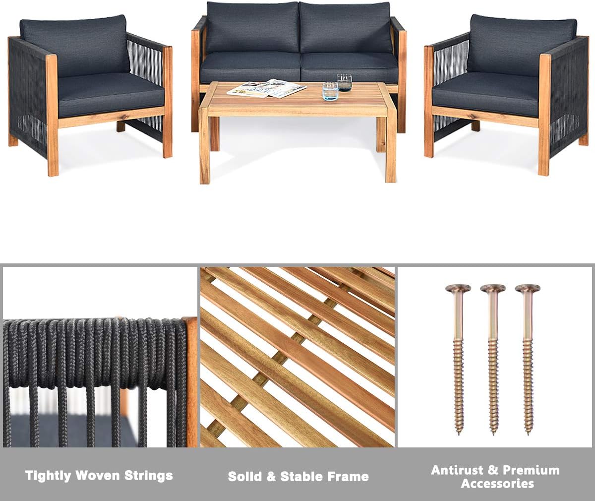 Tangkula Outdoor Wood Furniture Set, Acacia Wood Frame 2 Loveseat Sofa, 4 Single Chairs and 2 Coffee Table, 8 Pieces Conversation Set with Cushions, Garden Balcony Poolside Outdoor Living Set(2, Grey)