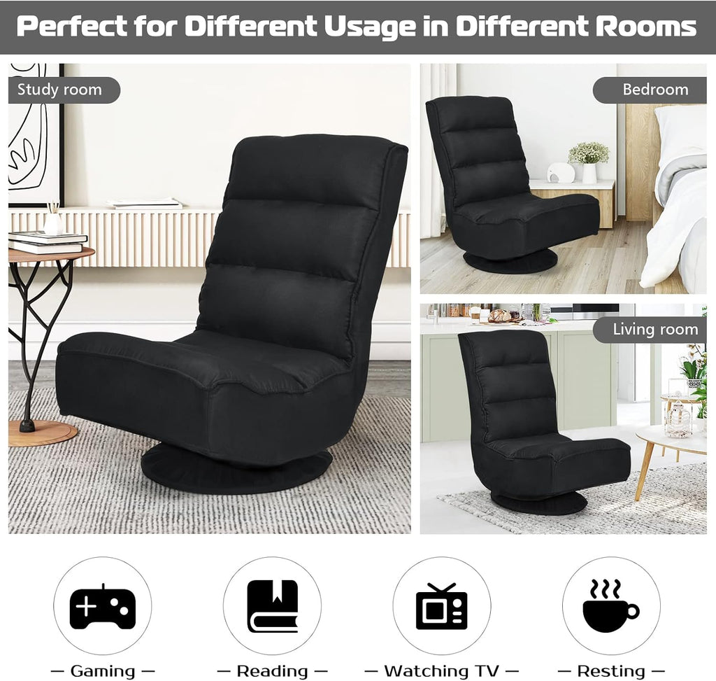 COSTWAY Folding Floor Chair, Adjustable 5-Position Video Gaming Chair with 360 Degree Swivel, Detachable Cover, Padded Backrest, Multipurpose Living Room Floor Lounger for TV, Reading, Playing (Black)
