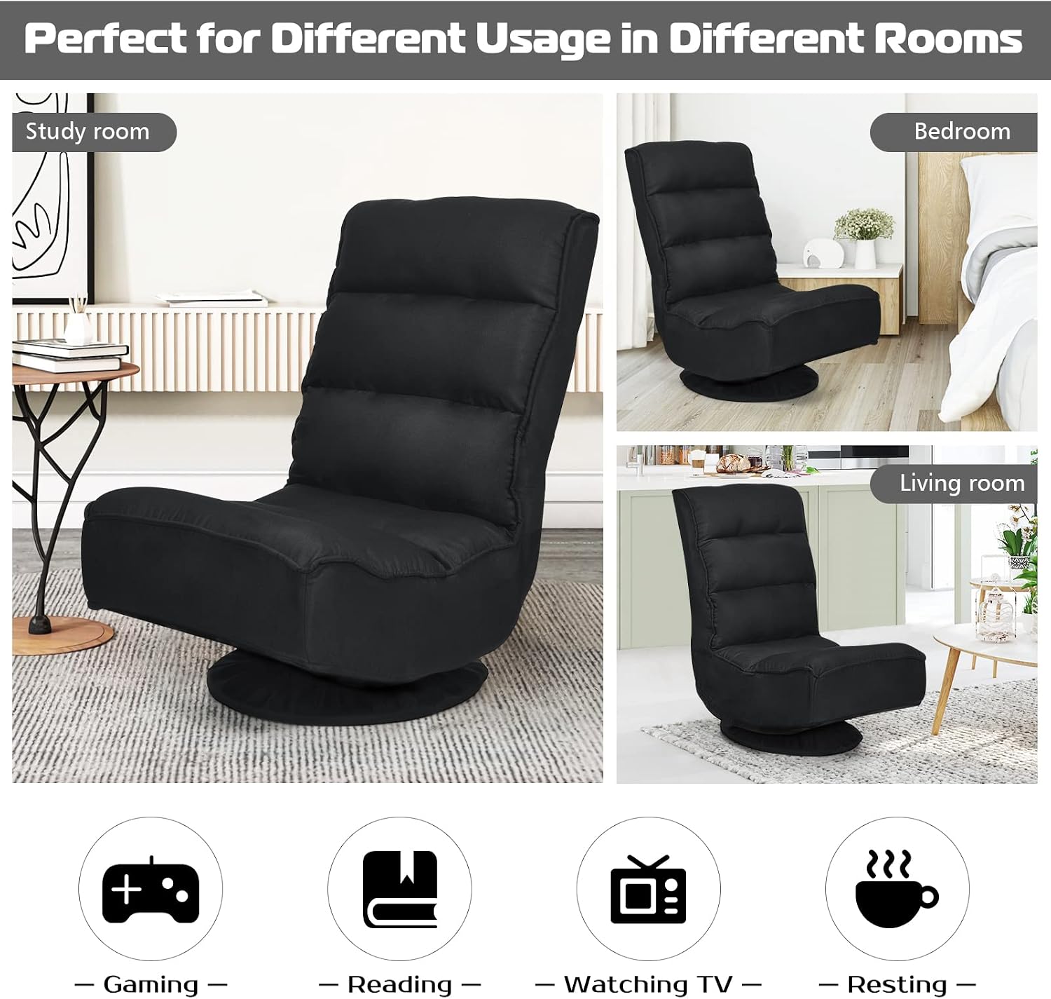 COSTWAY Folding Floor Chair, Adjustable 5-Position Video Gaming Chair with 360 Degree Swivel, Detachable Cover, Padded Backrest, Multipurpose Living Room Floor Lounger for TV, Reading, Playing (Black)