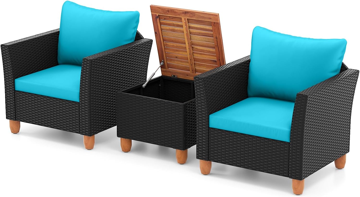 Tangkula 3 Pieces Patio Porch Furniture Set, PE Rattan Wicker Chair Conversation Set with Cushions and Storage Table, Outdoor Acacia Wood Bistro Set for Garden, Poolside (Turquoise)