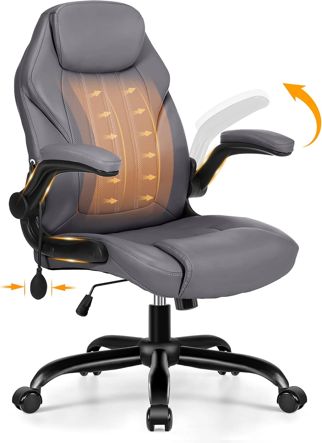Ylzyxal Office Desk Chair, Ergonomic Computer Chair with Padded Flip-Up Arms and Adjustable Lumbar Support, PU Leather Executive Chair with Tilt Lock and 360° Swivel Rolling Wheels for Work, Study