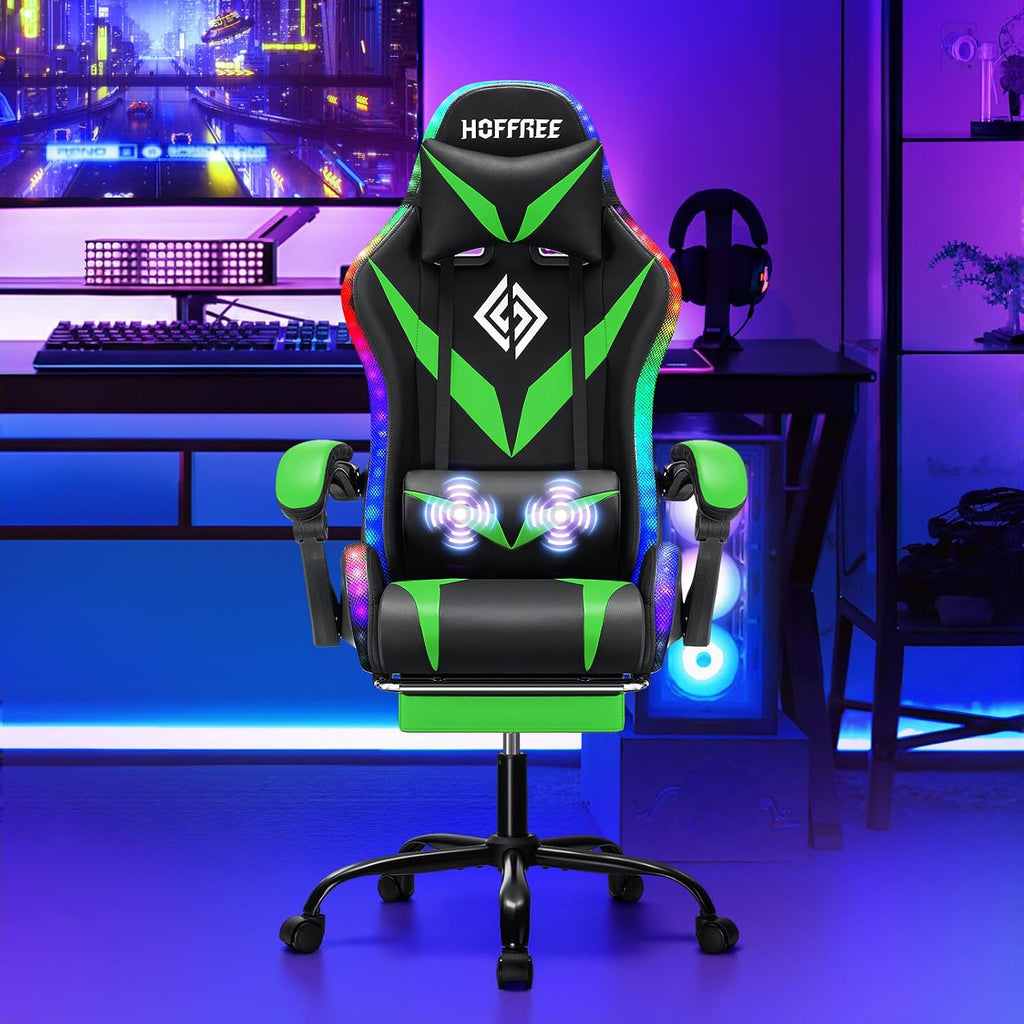 HOFFREE Gaming Chair with LED RGB Lights Massage Ergonomic Video Game Chairs with Footrest High Back Reclining Computer Chair with Adjustable Lumbar Support Green and Black