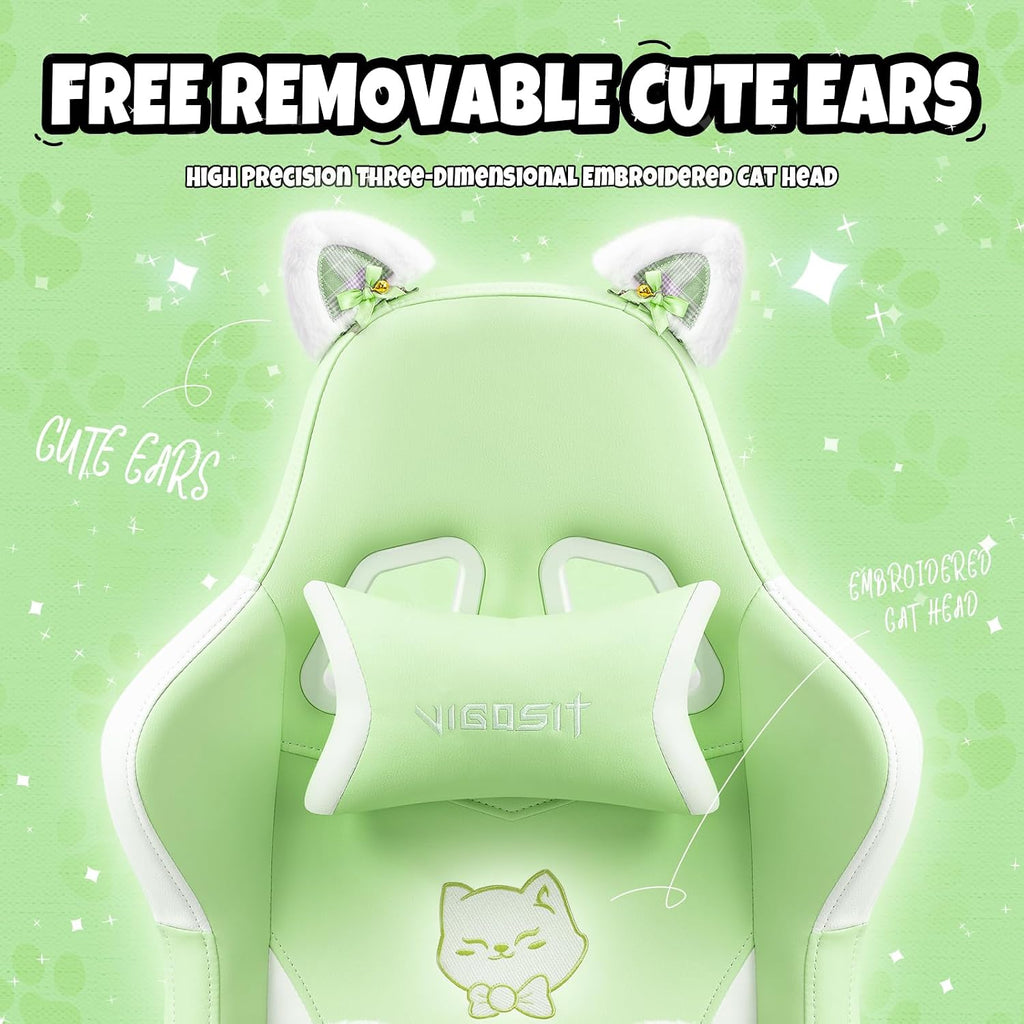 Vigosit Green Cat Gaming Chair with Footrest, Ergonomic Cute Gamer Desk Chair with Cat Ears, Comfortable Computer Chair for Girls Teens Adults