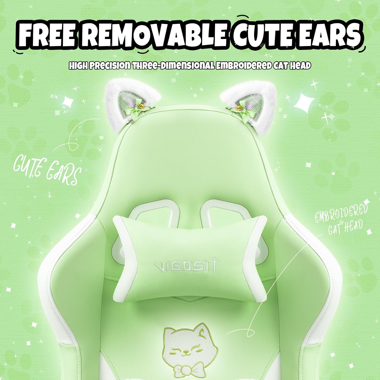 Vigosit Green Cat Gaming Chair with Footrest, Ergonomic Cute Gamer Desk Chair with Cat Ears, Comfortable Computer Chair for Girls Teens Adults