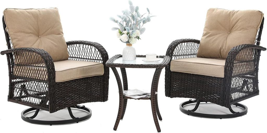 3 Pieces Patio Furniture Set, Outdoor Swivel Glider Rocker, Wicker Patio Bistro Set with Rocking Chair, Thickened Cushions and Table for Porch (Khaki)