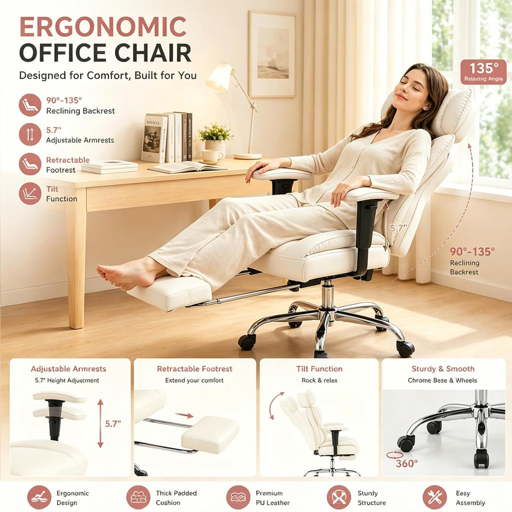 Big and Tall Gaming Computer Chair, Executive Ergonomic Home Office Desk Chair, with Footrest, High Back Reclining, Adjustable Armrests and Comfy Lumbar Support, PU Leather, Beige