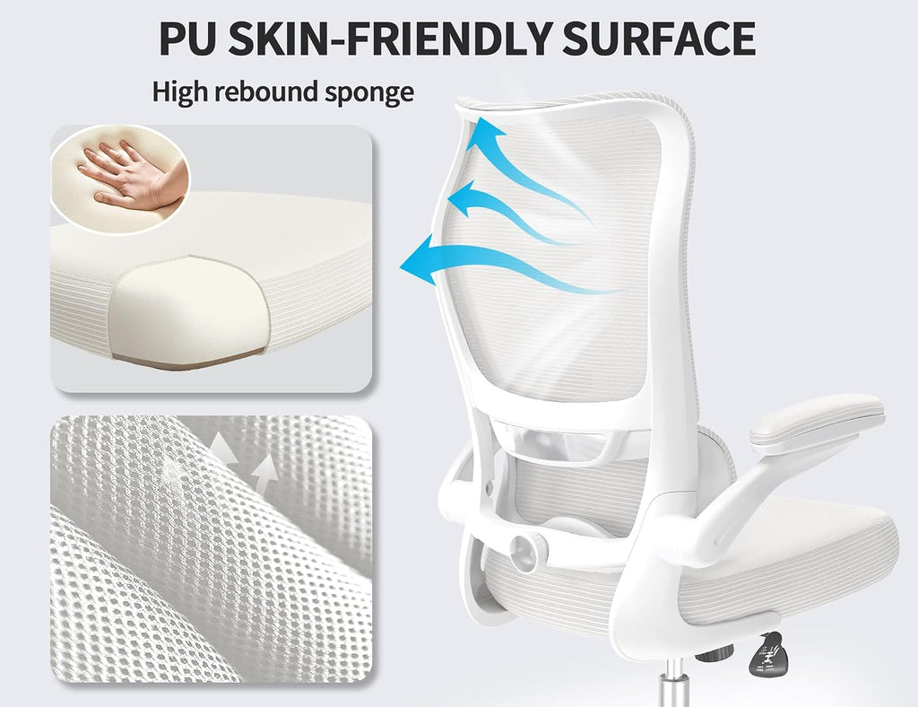 TRALT Ergonomic Office Chair - Desk Chair with Wave High Back Adjustable Lumbar Support Computer Chair - Gaming Chairs Mesh Backrest and PU Leather Seat for Home Reading Chairs to Adults(White)