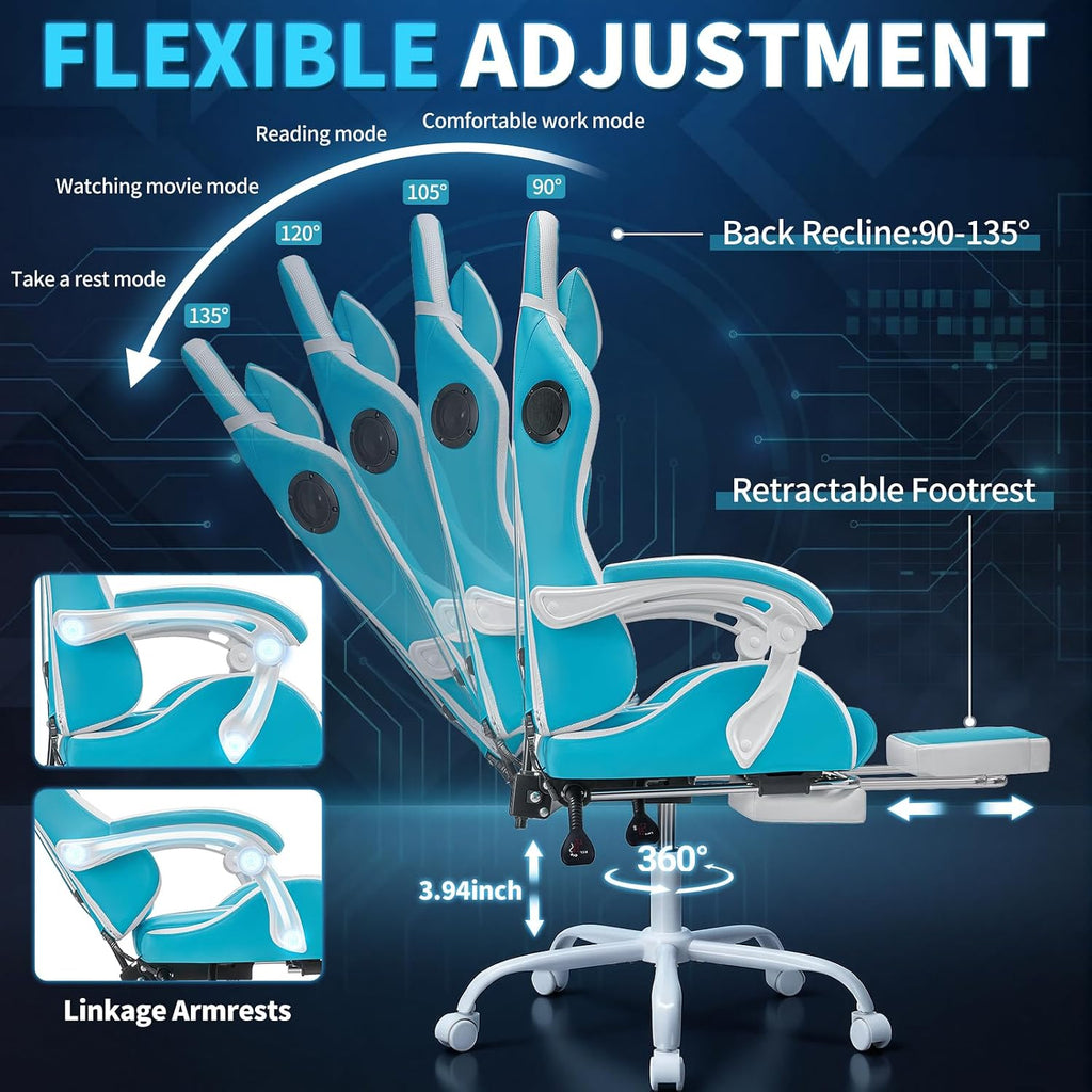 Gaming Chair with Bluetooth Speakers and RGB LED Lights Ergonomic Massage Computer Gaming Chair with Footrest Video Game Chair High Back with Lumbar Support Light Blue and White