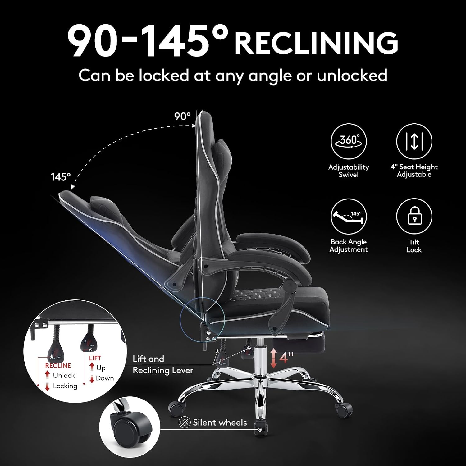 Gaming Chair Breathable Fabric,Computer Office Chair with Footrest,Massage Lumbar Support and Gel Pad,Ergonomic Reclining Adjustable Gamer Chair with Headrest and Spring Cushion Black