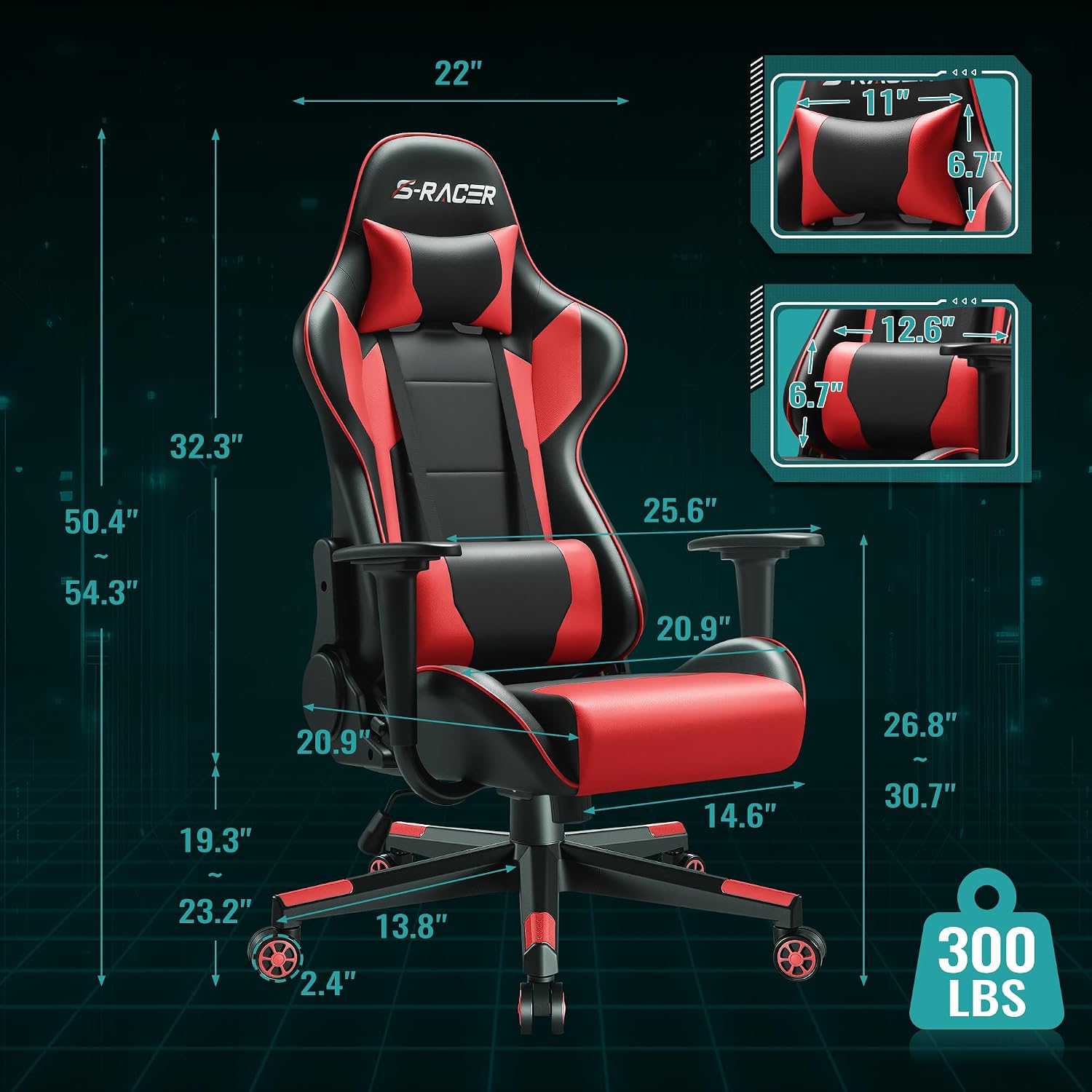Furniwell Gaming Chair - High Back Computer Desk Chair with Headrest and Lumbar Support (Red)