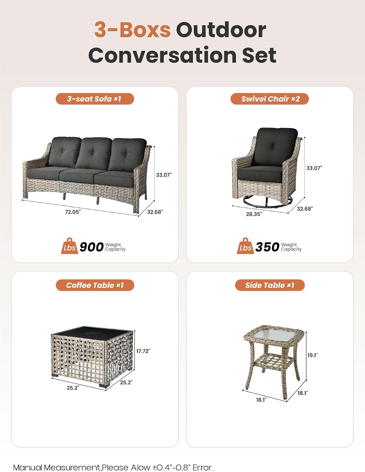ovios 5 Piece Outdoor Patio Furniture with 3 Seat Sofa,Rattan Wicker Coversation Set with Swivel Rocking Chair,Balcony Sofa Set with Shiny Table for Outside Porch Backyard Pool, Black