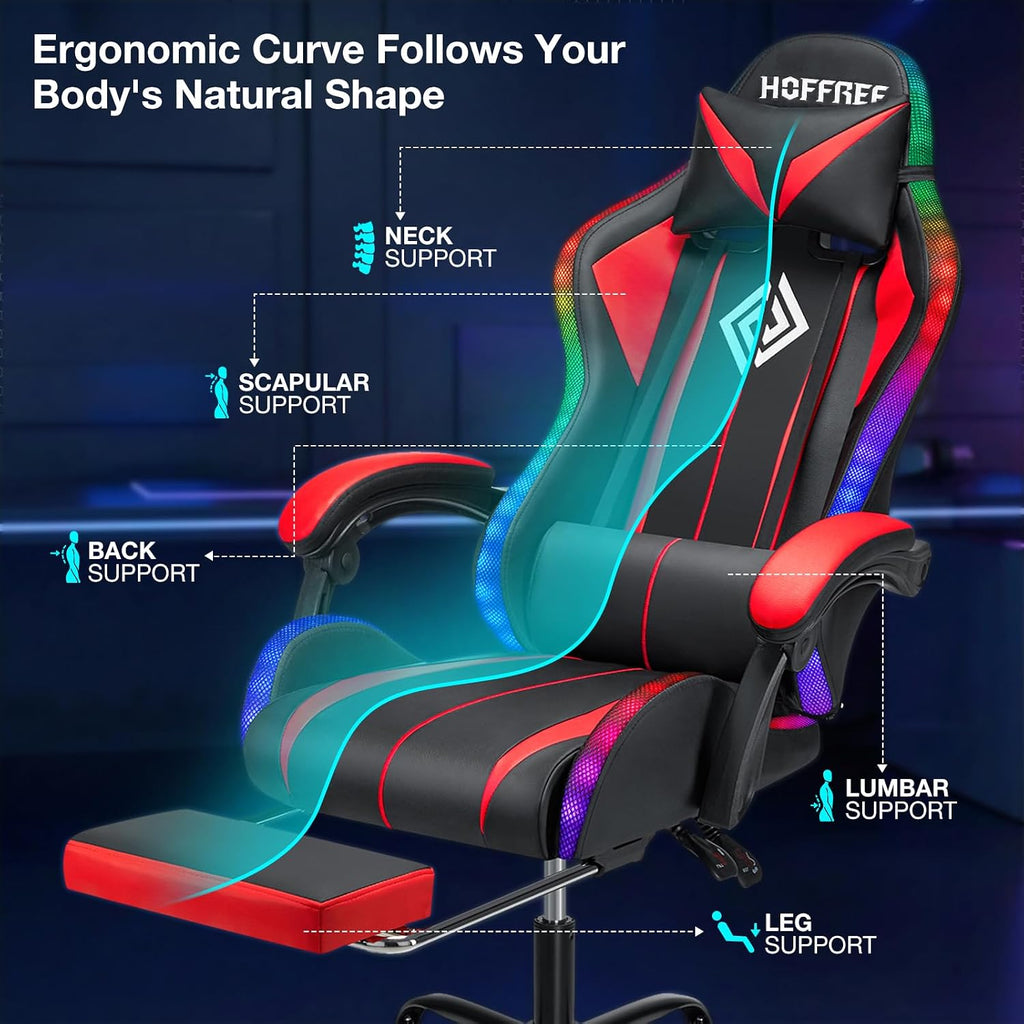 HOFFREE Gaming Chair Massage with LED RGB Lights and Footrest Ergonomic Computer Chair High Back Video Game Chair with Adjustable Lumbar Support Linkage Armrest Red and Black