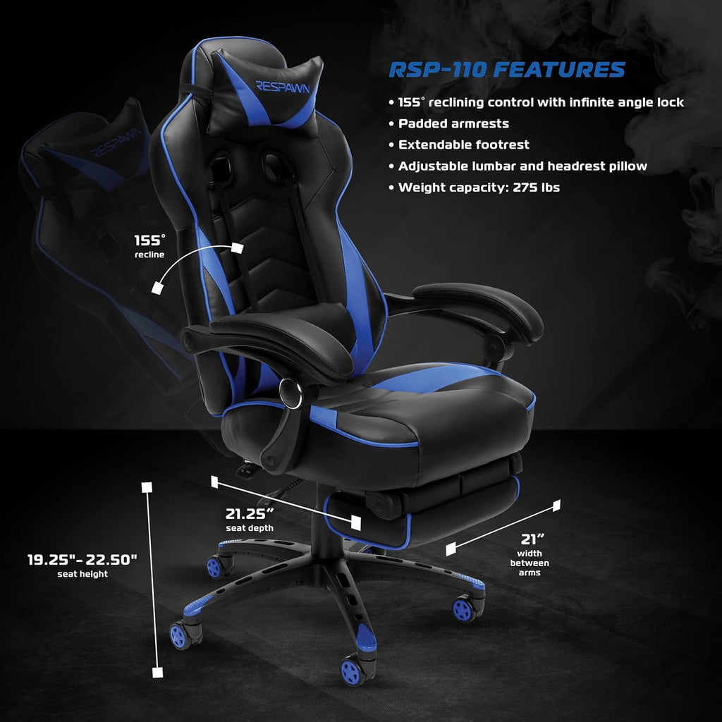 RESPAWN 110 Ergonomic Gaming Chair with Footrest Recliner - Racing Style High Back PC Computer Desk Office Chair - 360 Swivel, Adjustable Lumbar Support, Headrest Pillow, Padded Armrests - 2019 Blue