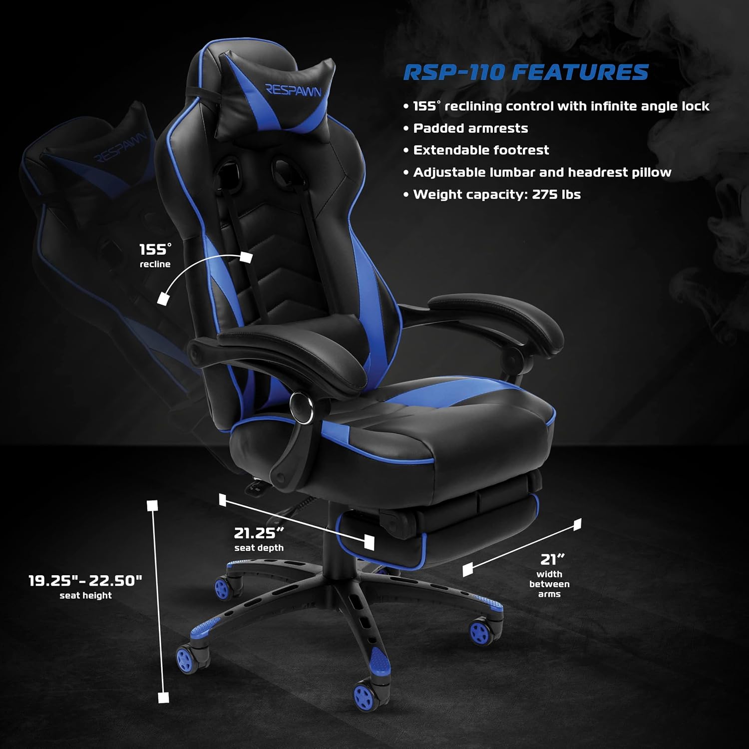 RESPAWN 110 Ergonomic Gaming Chair with Footrest Recliner - Racing Style High Back PC Computer Desk Office Chair - 360 Swivel, Adjustable Lumbar Support, Headrest Pillow, Padded Armrests - 2019 Blue
