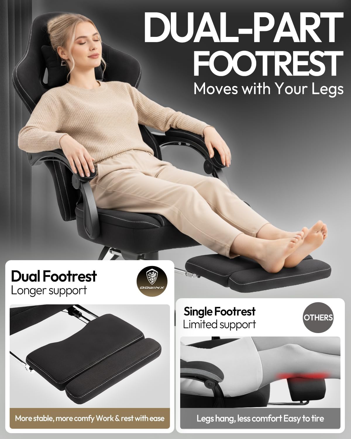 Dowinx Gaming Chair Breathable Fabric Game Chair with Gel Pad and Storage Bag, Comfortable Gamer Chair with Pocket Spring Cushion,Ergonomic Computer Chair with Footrest,Black and White