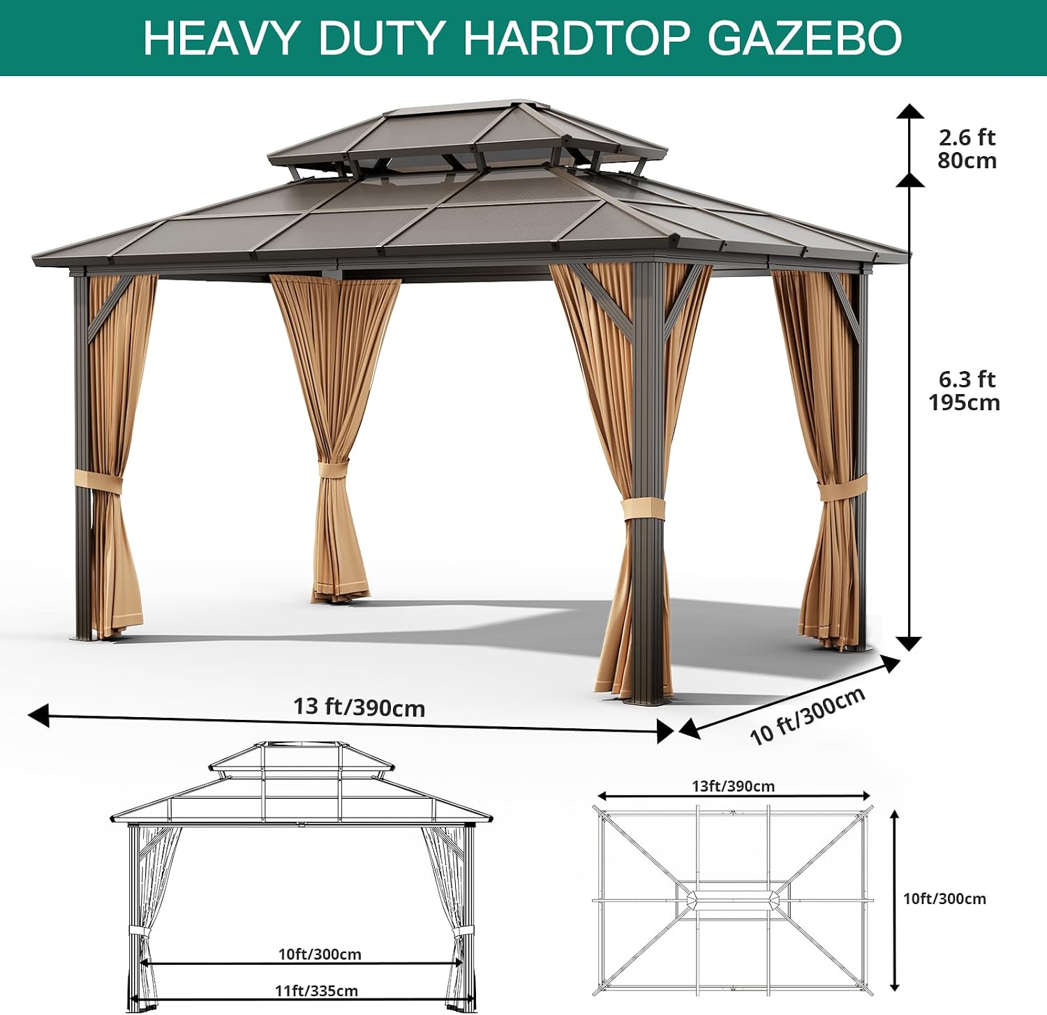 GAOMON 10x13ft Hardtop Gazebo, Outdoor Polycarbonate Double Roof Canopy, Aluminum Frame Permanent Pavilion with Curtains and Netting for Garden, Patio, Lawns (Brown)
