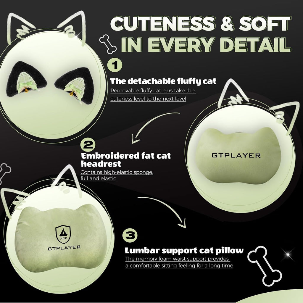 Gaming Chair Cute with Cat Ears Ergonomic Computer Chair with Dog Embroidery Adjustable Memory Foam Lumbar Support and Headrest Comfortable Reclining Office Chair for Girls, Teens, Women