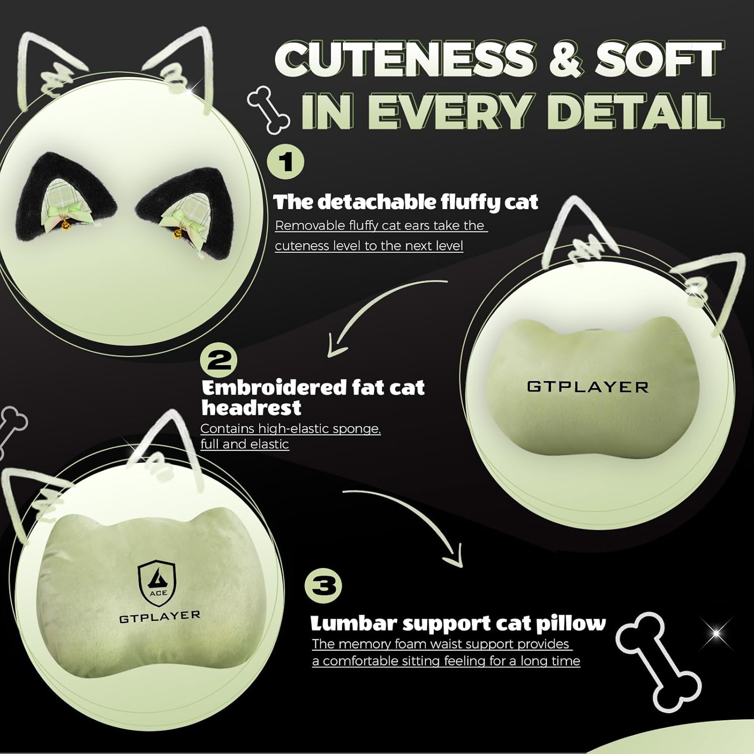 Gaming Chair Cute with Cat Ears Ergonomic Computer Chair with Dog Embroidery Adjustable Memory Foam Lumbar Support and Headrest Comfortable Reclining Office Chair for Girls, Teens, Women