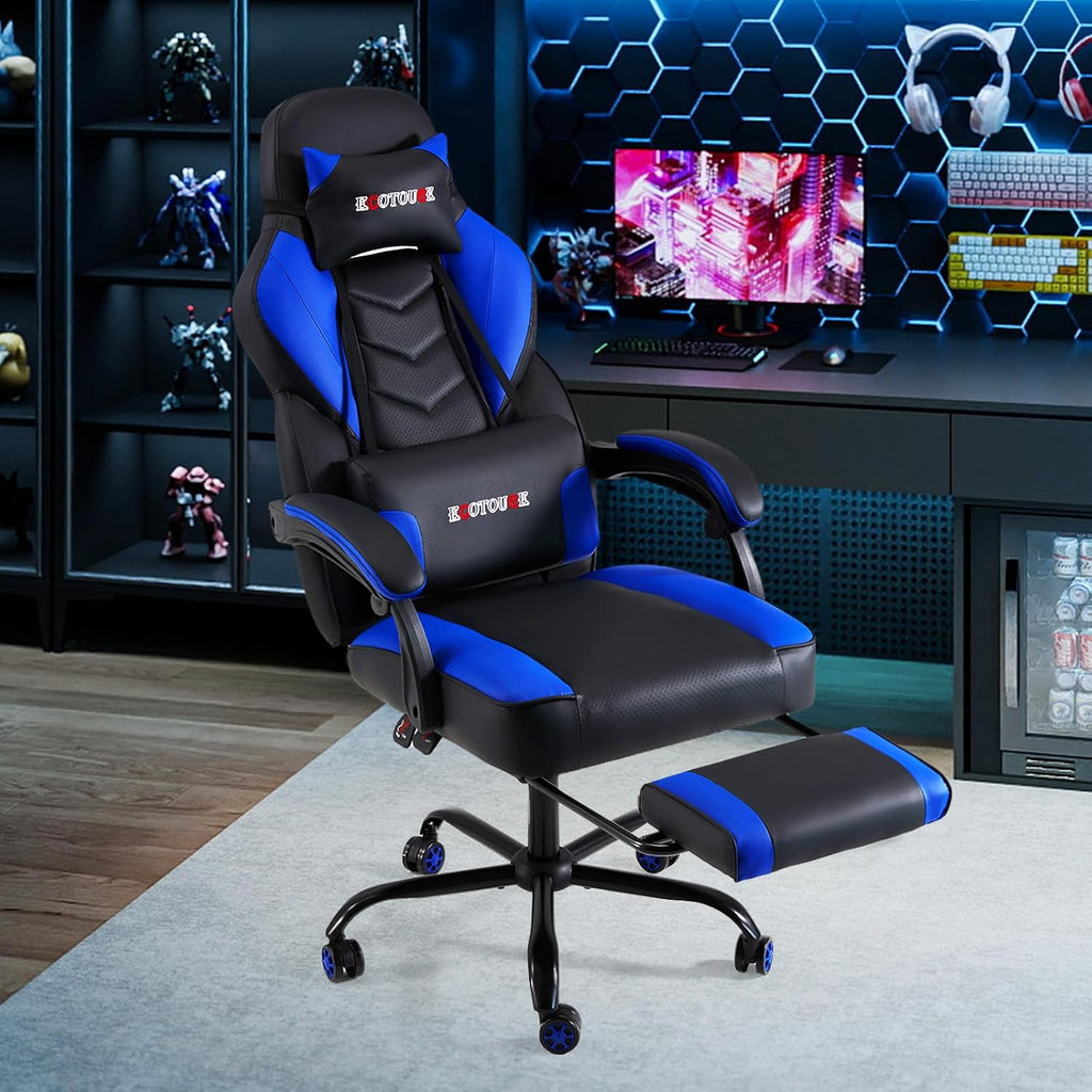ECOTOUGE Gaming Chair with Footrest, Big and Tall Silla Gamer with Massage Lumbar Support, Ergonomic Gamer Chair with Reclining High Back, 360° Swivel Gaming Computer Chair, Blue