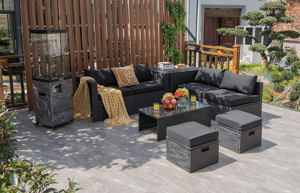 Tangkula 8 Pieces Patio Furniture Set with Waterproof Cover, Patiojoy Space Saving Outdoor PE Rattan Set with Storage Box, Tempered Glass Table, 2 Ottomans, 2 Armless Sofas & Corner Sofas