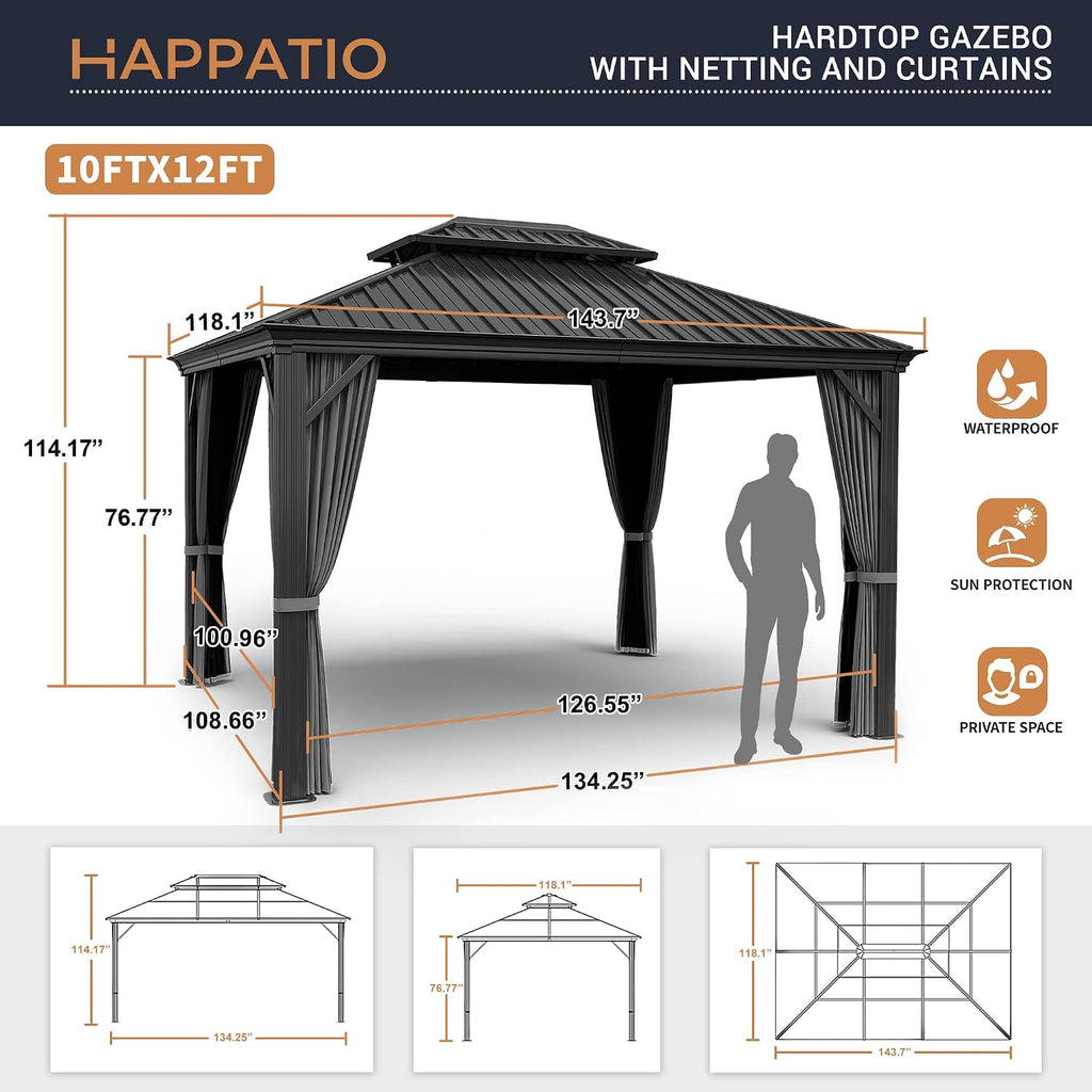 HAPPATIO 10' x 12' Hardtop Gazebo, Galvanized Steel Roof Aluminum Gazebo with Curtains and Netting, Metal Permanent Pavilion Outdoor Gazebos for Patios, Gardens, and Lawns (Gray)