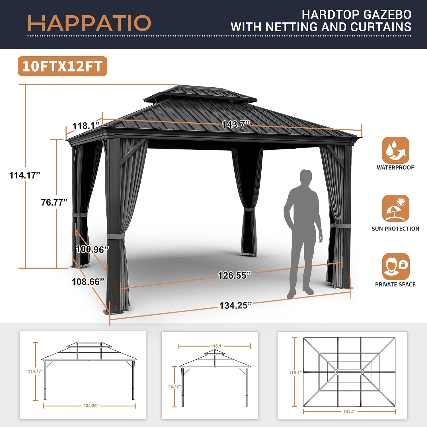 HAPPATIO 10' x 12' Hardtop Gazebo, Galvanized Steel Roof Aluminum Gazebo with Curtains and Netting, Metal Permanent Pavilion Outdoor Gazebos for Patios, Gardens, and Lawns (Gray)