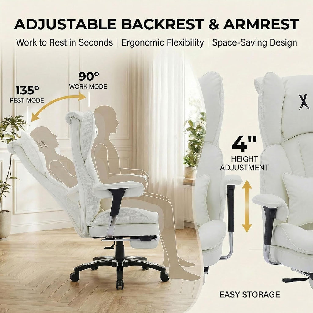Efomao White Executive Office Chair with Footrest, Big and Tall 400lbs Extra Wide High Back Chair, Plush Pocket Spring Cushion for Home Office, Reclining Desk Chair with Large Padded Armrests