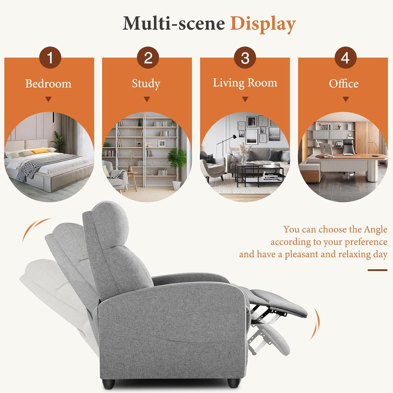 Sweetcrispy Recliner Chair Fabric Recliner Sofa No Massage, Home Theater Seating with Lumbar Support, Adjustable Push Back Overstuffed High-Density Sponge Reclining for Living Room, Slate Gray