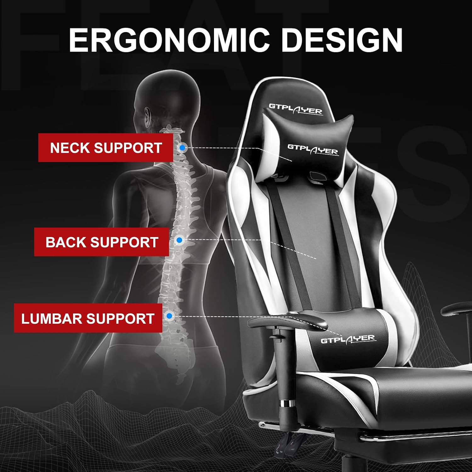 GTPLAYER Gaming Chair with Footrest, Ergonomic Computer Game Desk Chair, Recline Gaming Chair Seat Height Adjustment, Swivel Rocker with Headrest and Lumbar (White)