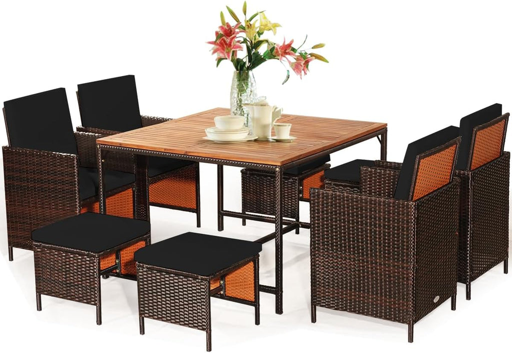 Tangkula 9 Pieces Acacia Wood Patio Dining Set, Space Saving Wicker Chairs and Wood Table with Umbrella Hole Outdoor Furniture Set, Suitable for Garden, Yard, Poolside, Outdoor Seating Set (Black)