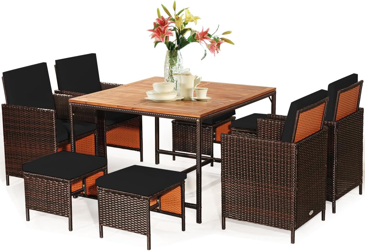 Tangkula 9 Pieces Acacia Wood Patio Dining Set, Space Saving Wicker Chairs and Wood Table with Umbrella Hole Outdoor Furniture Set, Suitable for Garden, Yard, Poolside, Outdoor Seating Set (Black)