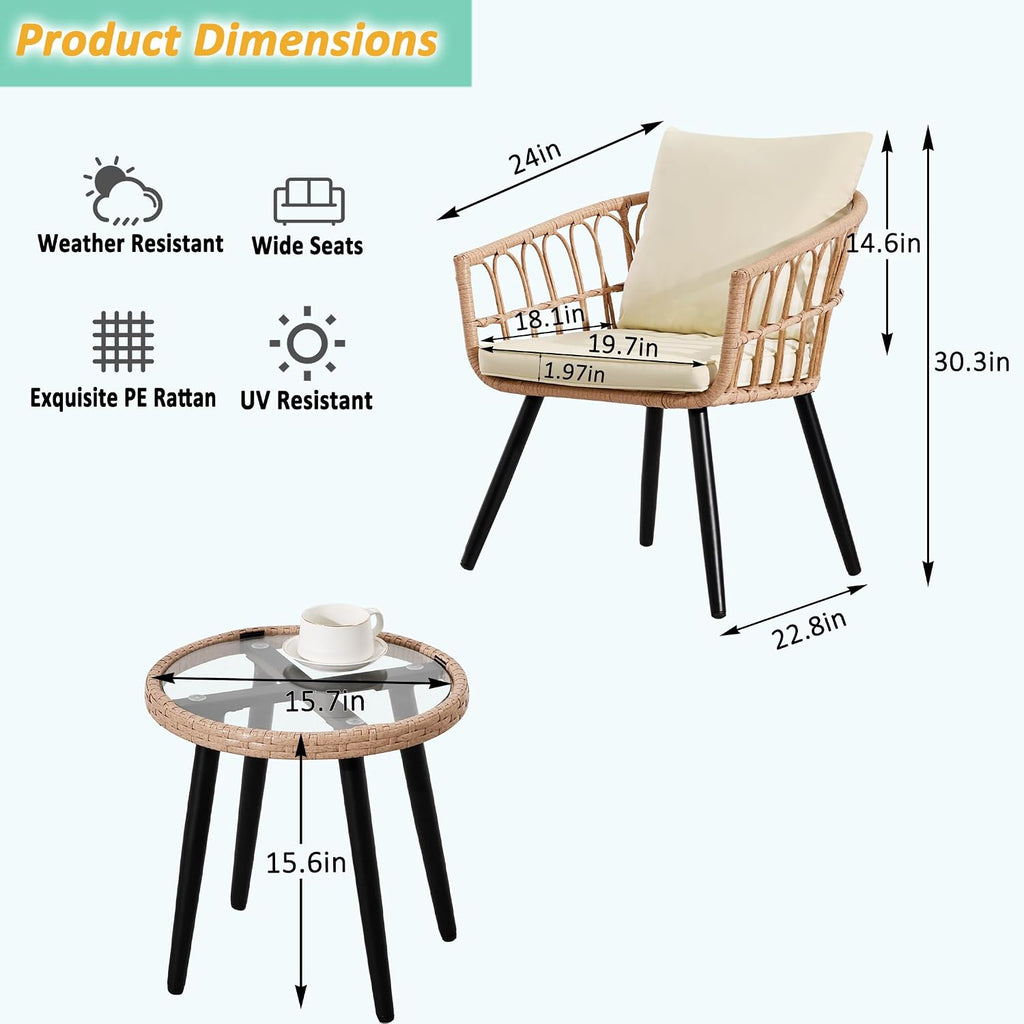 FHFO 3 Piece Outdoor Patio Bistro Set, Wicker Table and Chairs Set of 2, All-Weather Rattan Balcony Furniture Set for Patio Front Porch Apartment, Natural/Beige