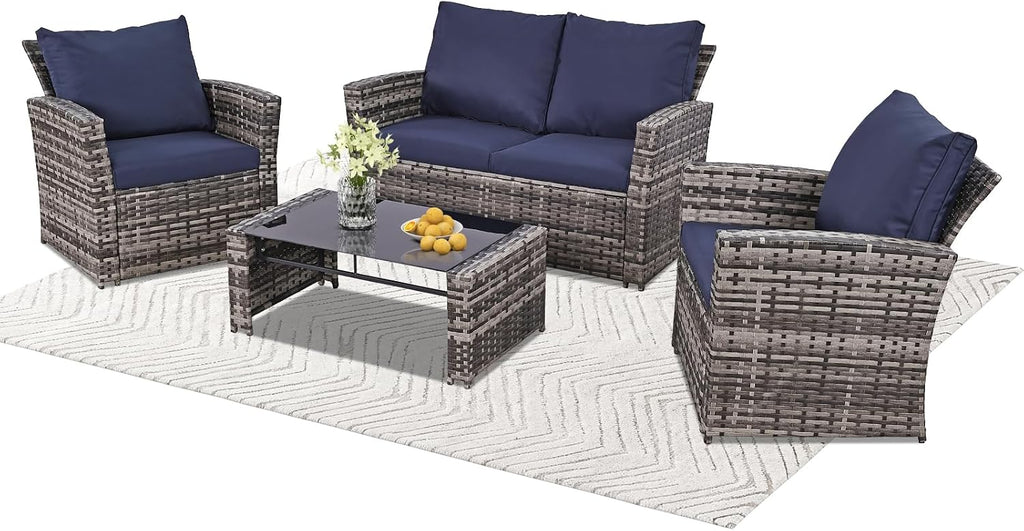 FHFO 4 Piece Patio Furniture Set, Wicker Outdoor Conversation Furniture Set, All Weather Patio Sofa Couch with Cushion & Glass Table, Grey/Blue