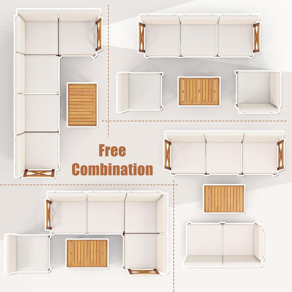 Tangkula 6 Pieces Acacia Wood Patio Furniture Set, Outdoor Sectional Conversation Set with Cushions and 2-Tier Coffee Table, L Shaped Corner Sofa Set for Garden, Porch, Poolside and Backyard