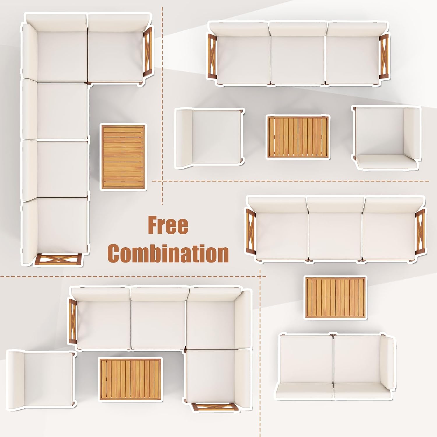 Tangkula 6 Pieces Acacia Wood Patio Furniture Set, Outdoor Sectional Conversation Set with Cushions and 2-Tier Coffee Table, L Shaped Corner Sofa Set for Garden, Porch, Poolside and Backyard