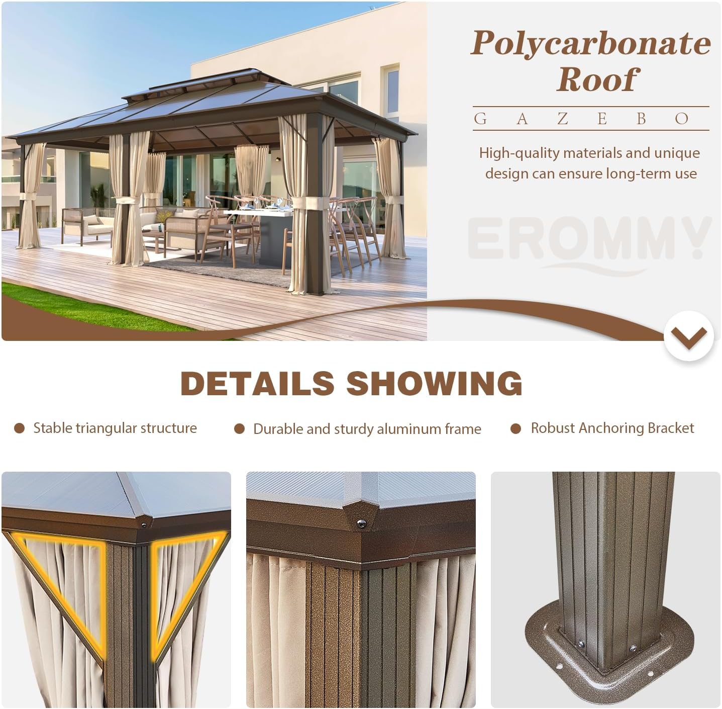 EROMMY 12' x 20' Gazebo Polycarbonate Double Roof Canopy with Aluminum Frame, Outdoor Permanent Metal Pavilion with Netting and Curtains for Garden Patio Lawns