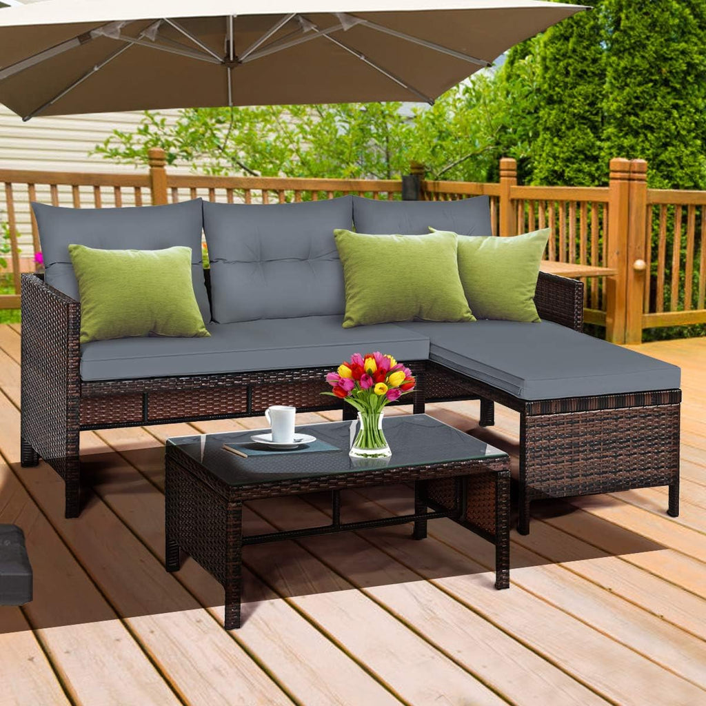 Tangkula Patio Corner Sofa Set 3 Piece, Outdoor Rattan Sofa Set, Includes Lounge Chaise, Loveseat & Coffee Table, Patio Garden Poolside Lawn Backyard Furniture