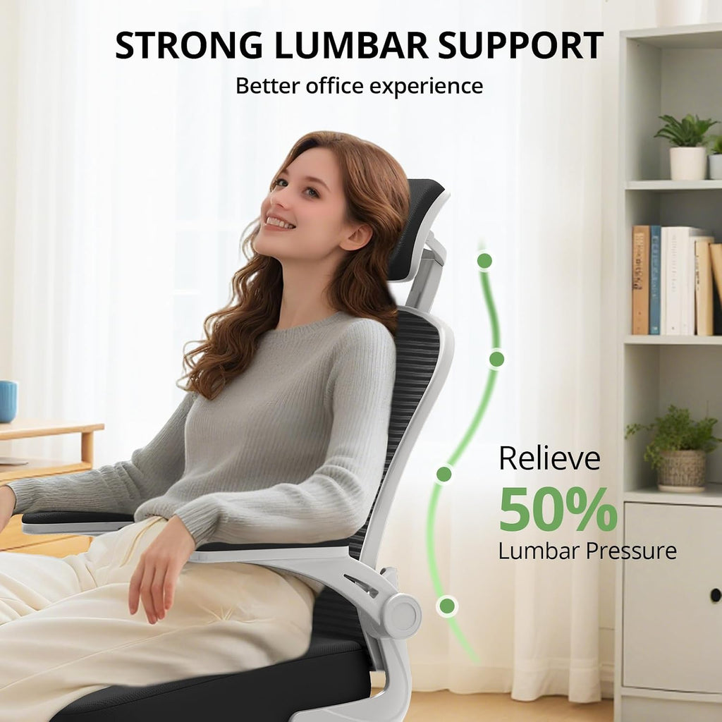 Office Chair Ergonomic Desk Chair, 330LBS Capacity, High Back Computer Design for Long Hours Comfort, Rolling Swivel for Home Office, Flip-up Armrests, Grey Black