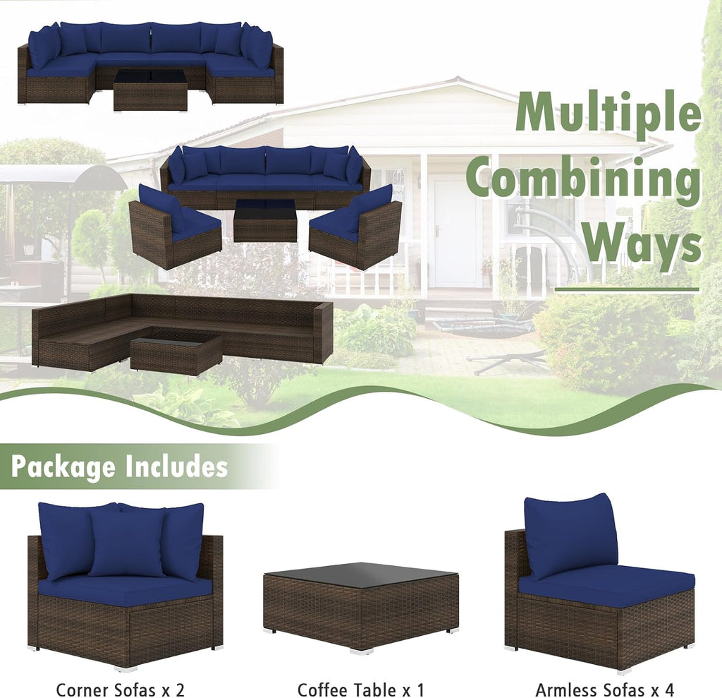 Tangkula 7 Piece Patio Wicker Furniture Set, Outdoor Rattan Sectional Sofa Set for 6 with Seat & Back Cushions, 2 Throw Pillows, Sofa Fastener Clips, for Backyard, Poolside, Deck (Mix Brown+Navy)