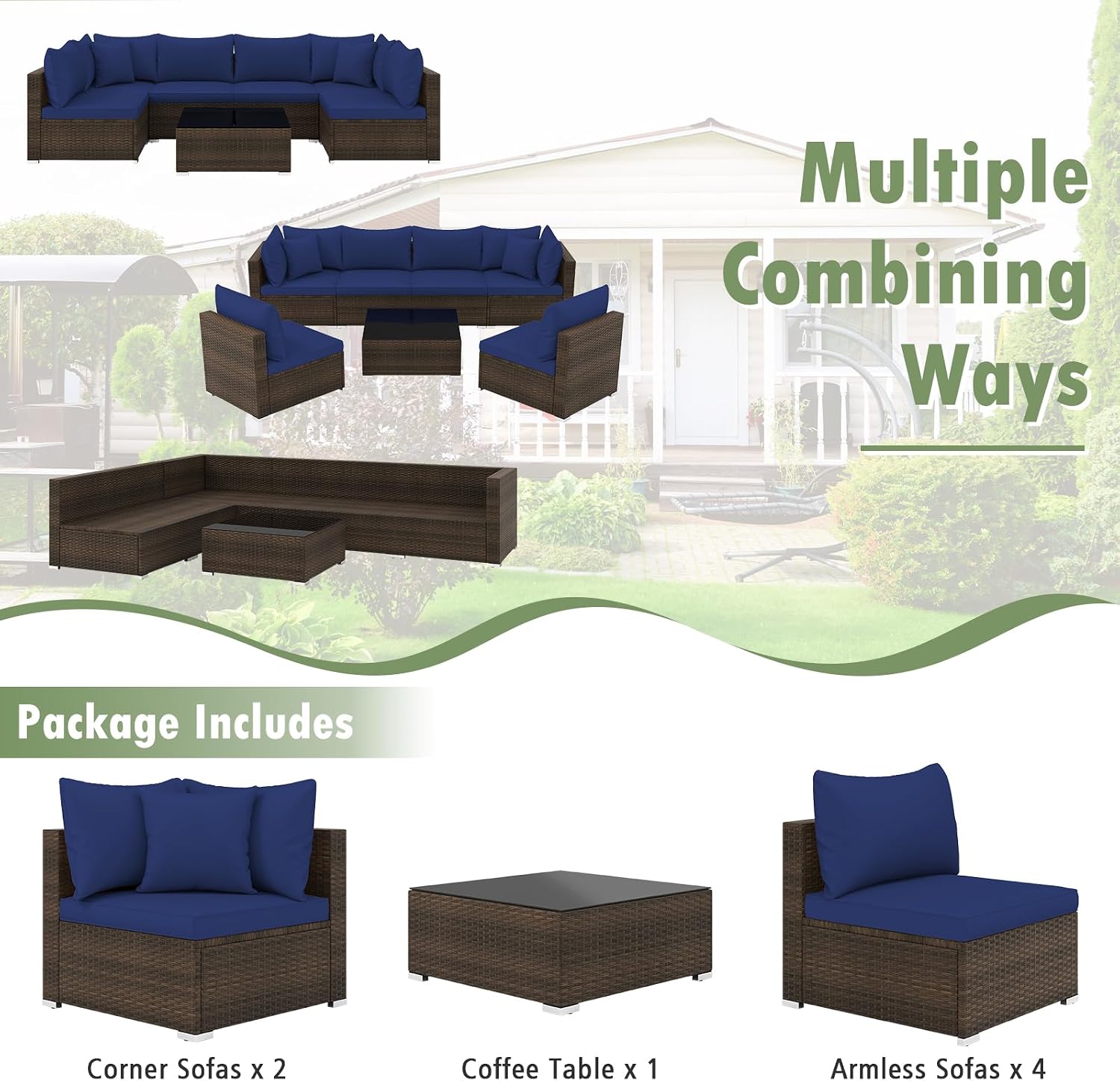 Tangkula 7 Piece Patio Wicker Furniture Set, Outdoor Rattan Sectional Sofa Set for 6 with Seat & Back Cushions, 2 Throw Pillows, Sofa Fastener Clips, for Backyard, Poolside, Deck (Mix Brown+Navy)