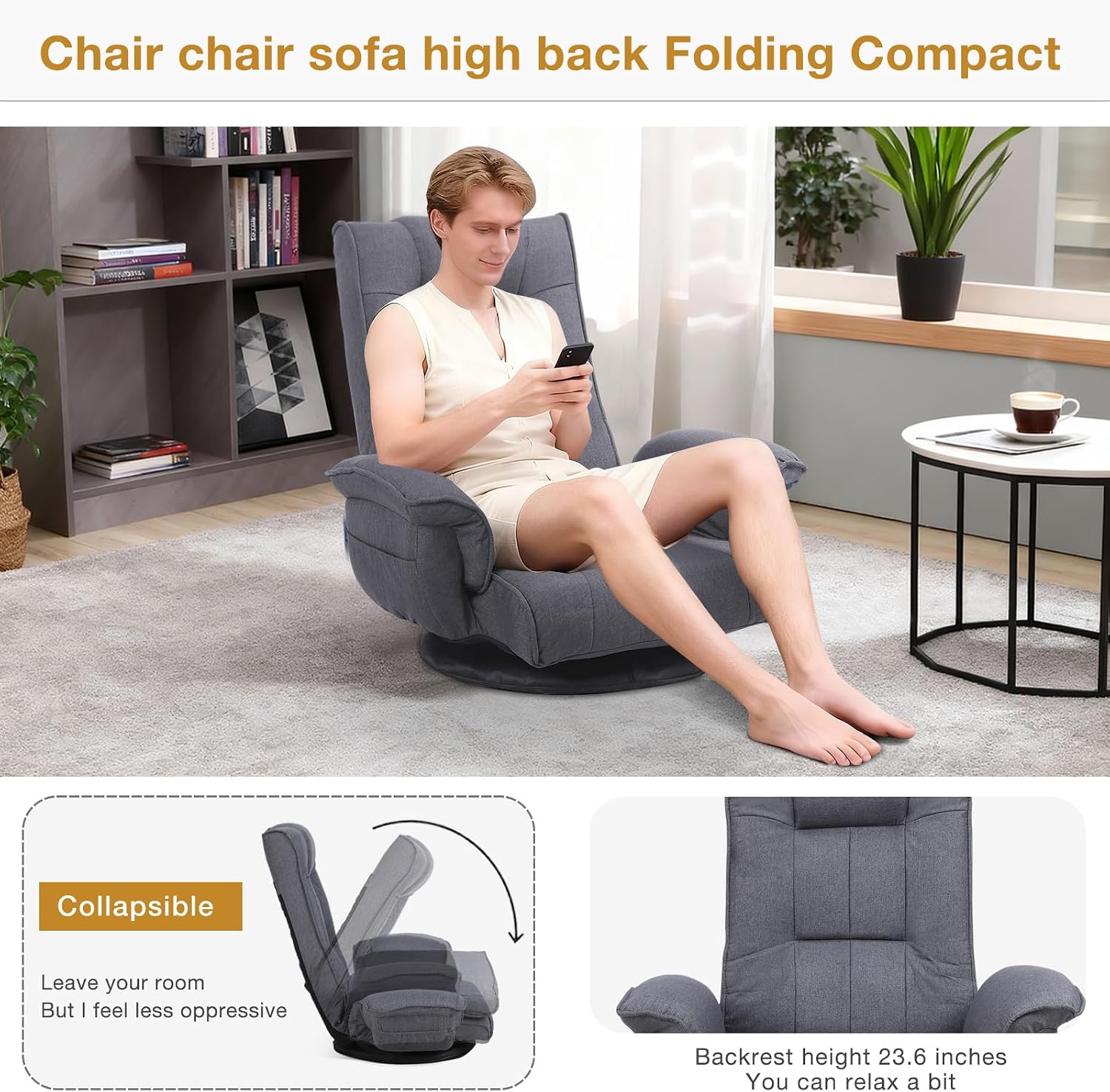 Ergonomic Swivel Floor Gaming Chair with Armrests & Side Pockets, 6-Position Reclining Sofa Bed, Foldable Padded Lounger with Thick Cushion & Lumbar Support for Esports, Reading, TV Watching (Grey)
