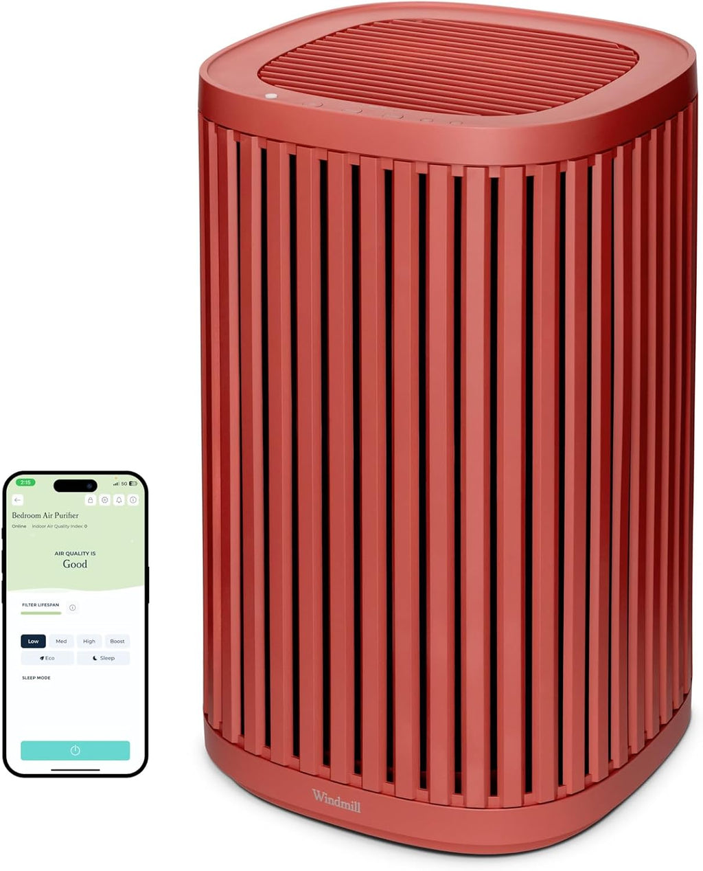 Windmill Air Purifier for Home - 3-In-1 Filtration for Dust, Smoke, & More - True HEPA Filter, Activated Carbon, & Pre-Filter - Ultra-Quiet - App Compatible - Covers Up To 975 sq ft - Coral